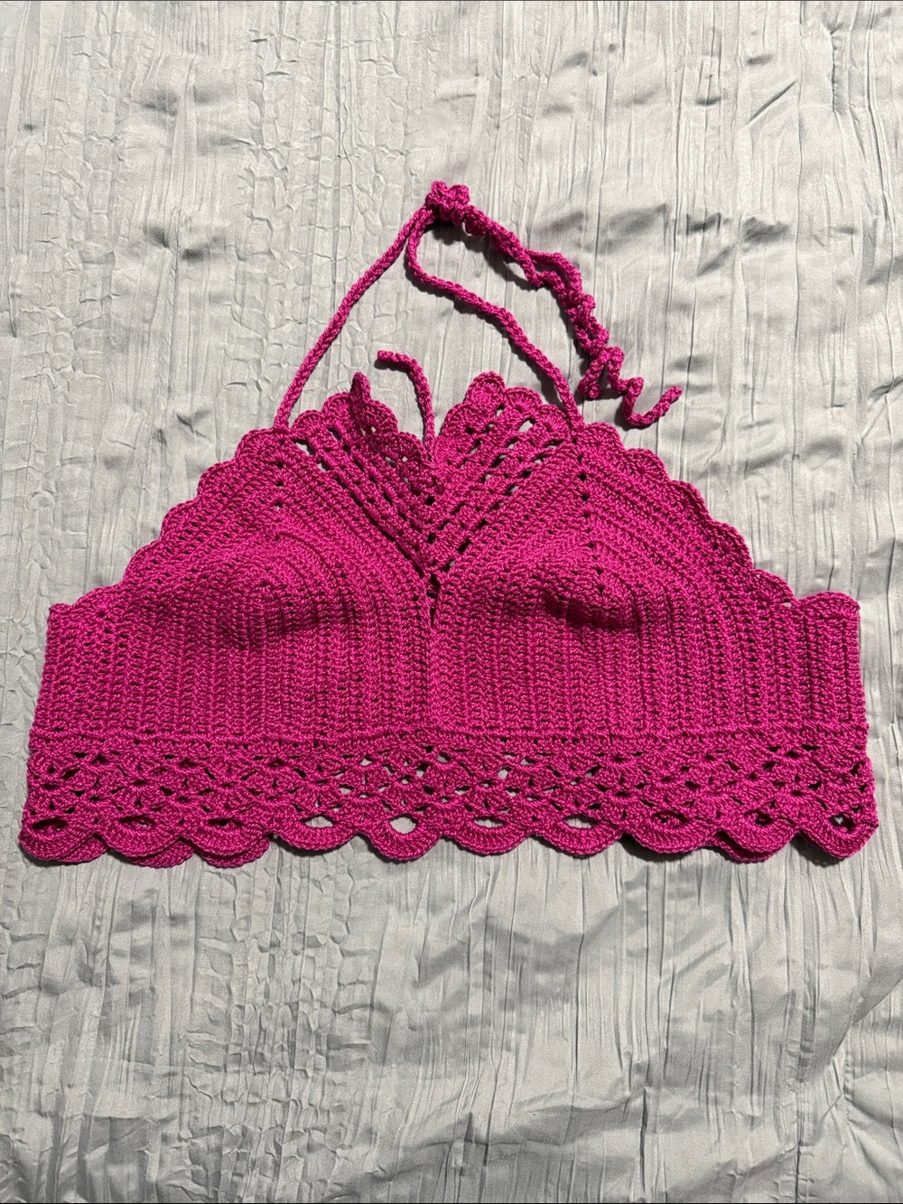 Crocheted Hot Pink Halter Swim Coverup Top